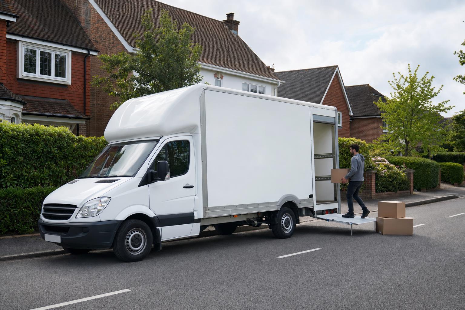 White Luton van parked on a tidy residential street in Wokingham during a home move