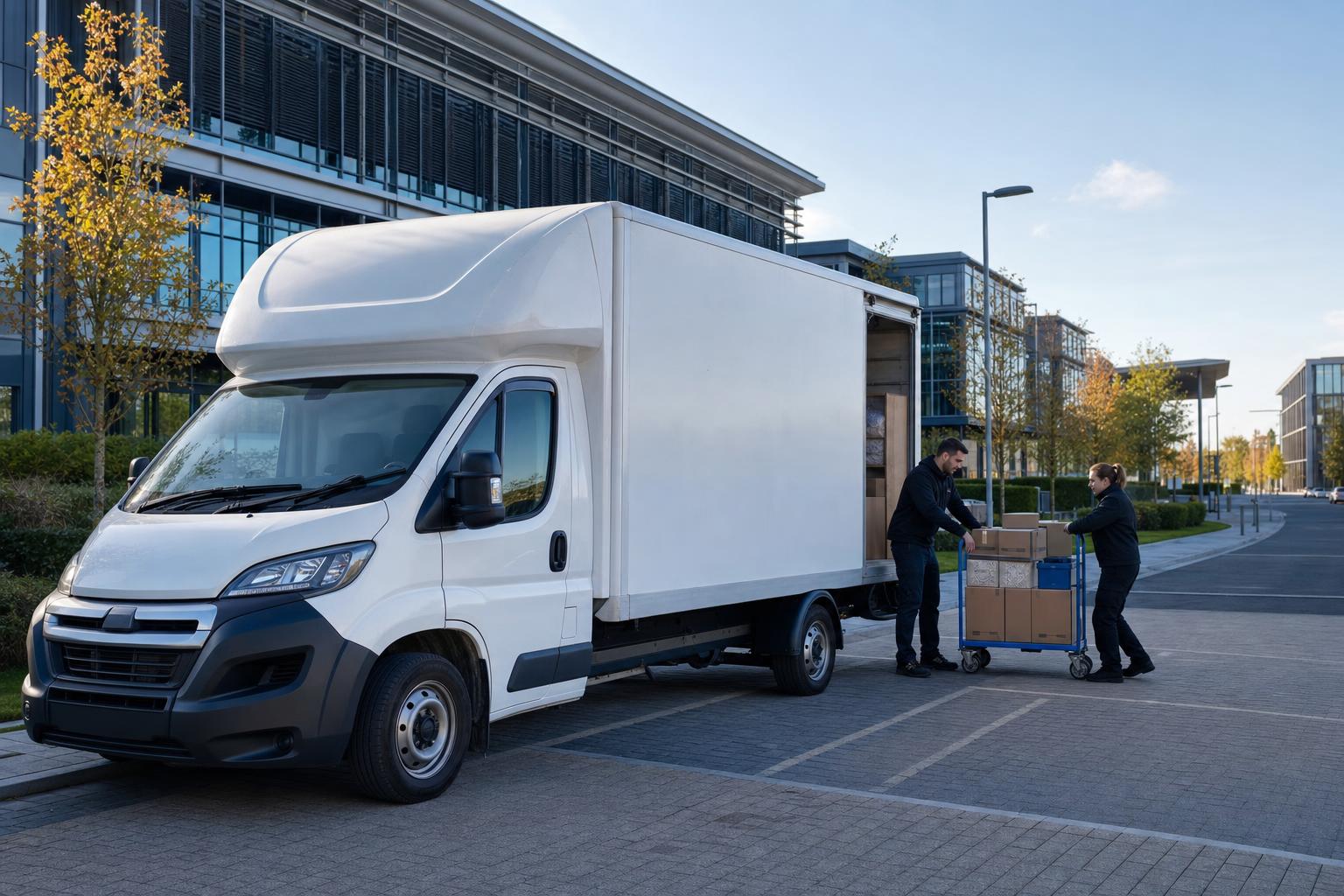 White Luton van at a modern business park in Basingstoke for a delivery job