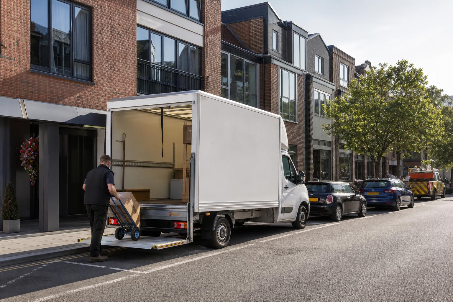 White Luton van parked for a local delivery on a tidy town street in Maidenhead